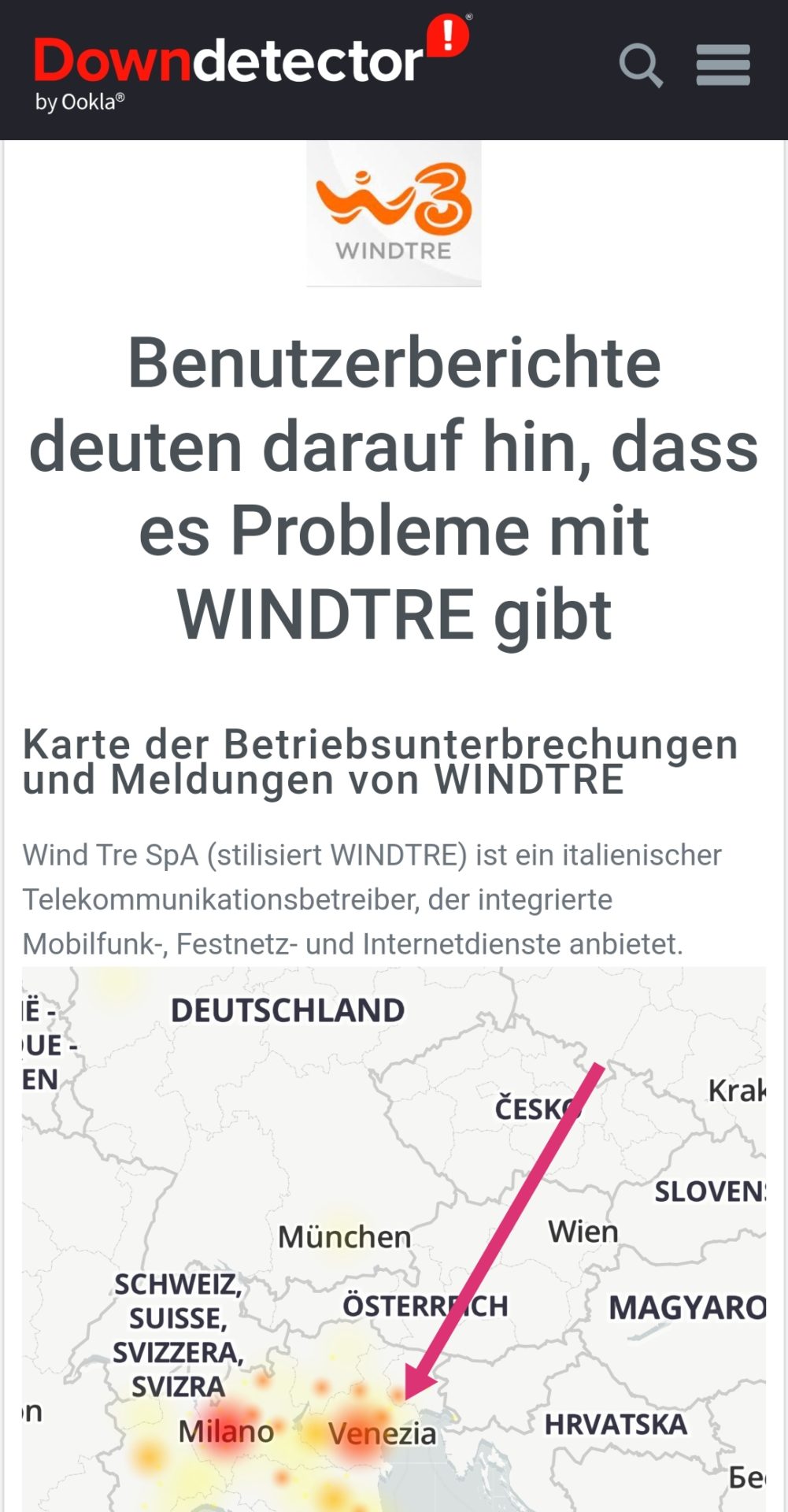 Mobilfunkanbieter WindTre aktuell mit großen Netzproblemen